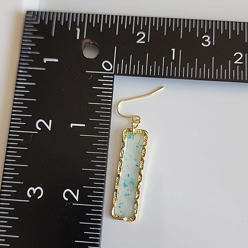 GOLD Framed Acrylic translucent  Blue bar SPARKLE earrings - Picture 3 of 4